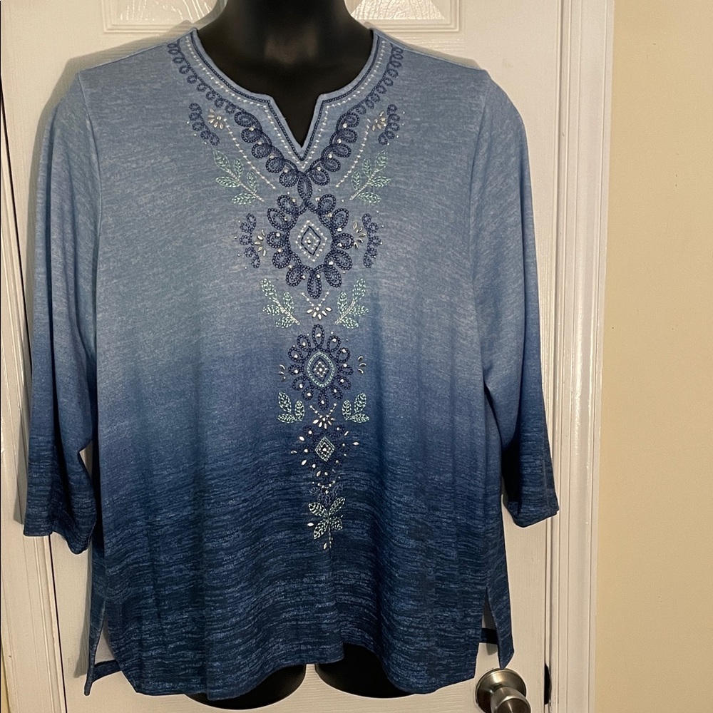 Alfred Dunner Blue Ombre Embroidered Long Sleeve Tunic 1X